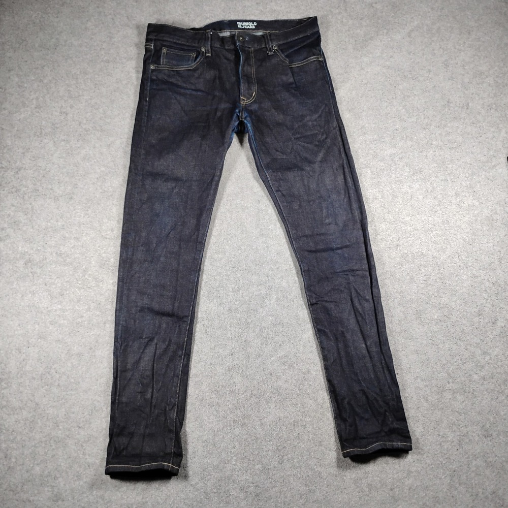 Uniqlo Mens Selvedge Skinny Fit Jeans 32x31 Dark Indigo Blue Stretch Denim